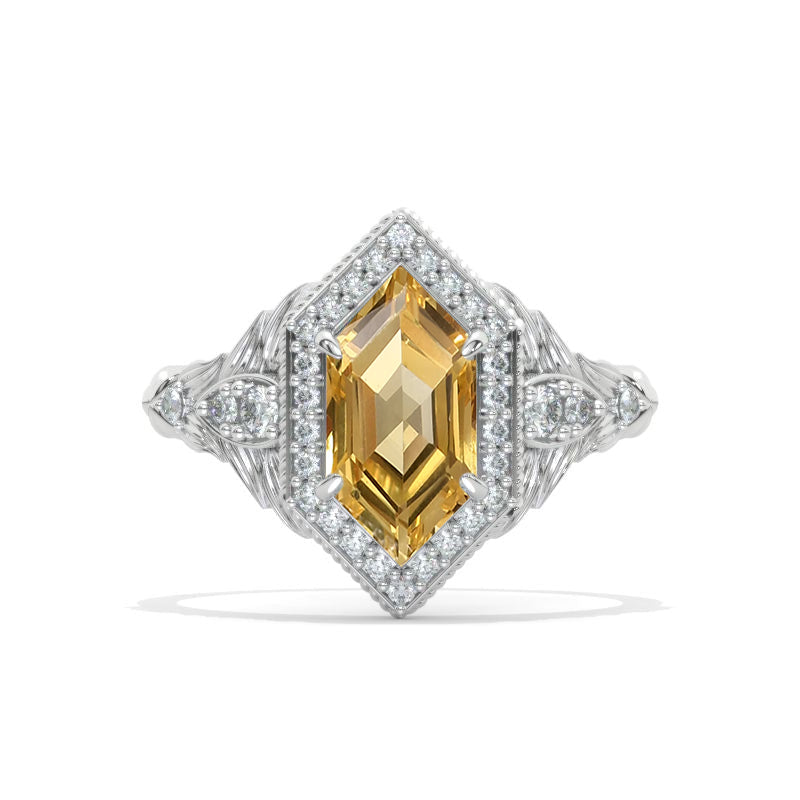 14K White Gold 3 Carat Hexagon Halo Genuine Yellow Citrine Floral Engagement Ring Model 1162-10x6