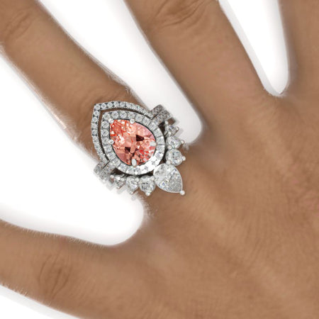 3 Carat Pear Peach Sapphire Halo Engagement Ring 14K White Gold Ring Set Model 969-11x7mm