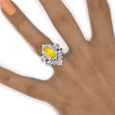 14K White Gold 1.5 Carat Marquise Cut Yellow Sapphire Floral Engagement Ring Set Model 1263