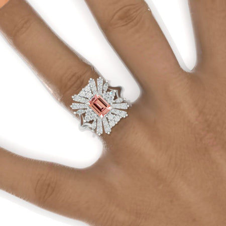 3 CTW Peach Sapphire Cluster Halo Engagement Ring Vintage Anniversary Gold Ring Model 1133