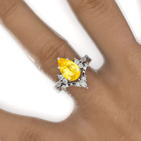 3 Carat Pear Yellow Sapphire Halo 14K White Gold Engagement Eternity Ring Set Model 905