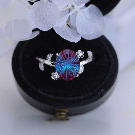 White Gold Dainty Fireworks Cut Alexandrite Leaf Ring, 2ct Oval Alexandrite Twig Ring