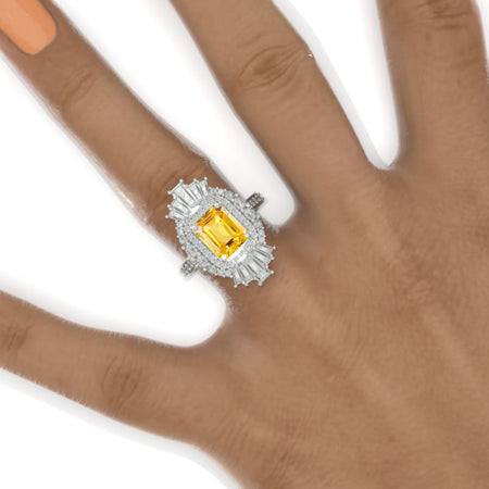 3 CT Emerald Halo Yellow Sapphire Vintage Wedding Ring. 14K Solid Gold Engagement Ring Anniversary Ring, Double Halo Ring Model 1113-9x7