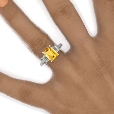 3 Carat Emerald Tri-Stone Yellow Sapphire Engagement Ring 14K White Gold Ring Model 869-9x7