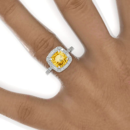 2.5 Carat Cushion Genuine Yellow Citrine Halo Engagement Ring. Victorian 14K White Gold Ring Model 901-8x8 Cushion