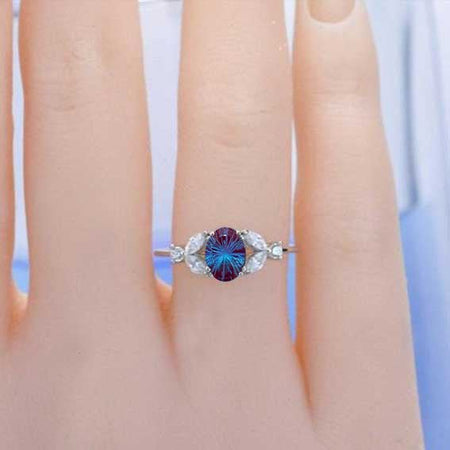 Oval Fireworks Cut Alexandrite Engagement Ring Set