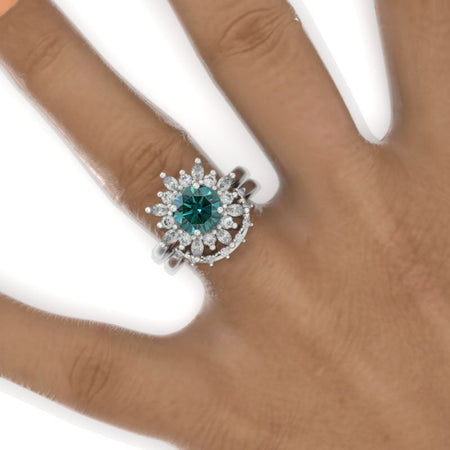 14K White Gold 2  Carat Round Green Moissanite Halo Engagement Ring Eternity Ring Set