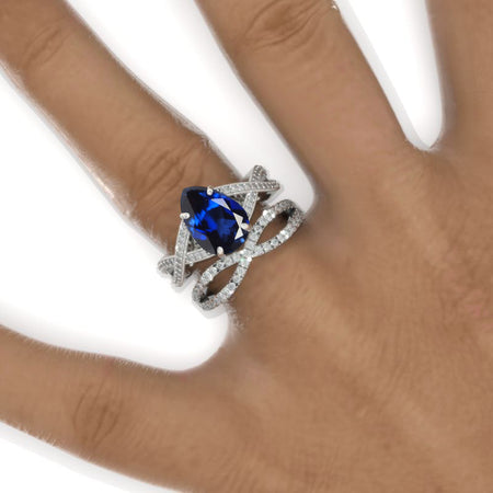 3 Carat Pear Royal Blue Sapphire Halo Twisted Engagement Ring 14K White Gold Ring Set