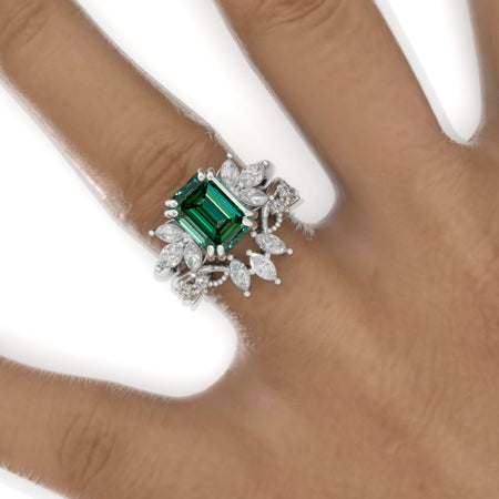 3 Carat Emerald Green Moissanite Cluster Floral Engagement Ring 14K White Gold Ring Set