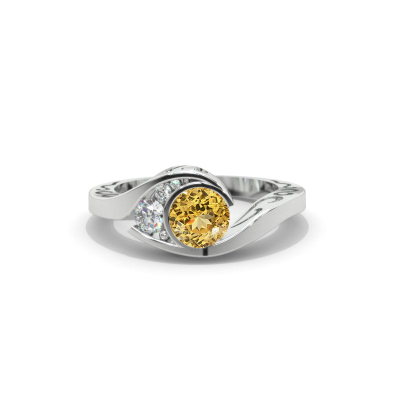 1 Carat Genuine Yellow Citrine Engagement Ring 14K White Gold Ring-0.3 CTW Model-4