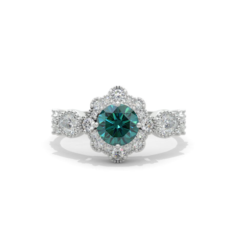14K White Gold 1 Carat Round Green Moissanite Halo Engagement Ring