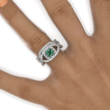 1 Carat Princess Cut Green Moissanite Halo Twisted Shank Engagement Ring, Eternity Ring Set Model 947