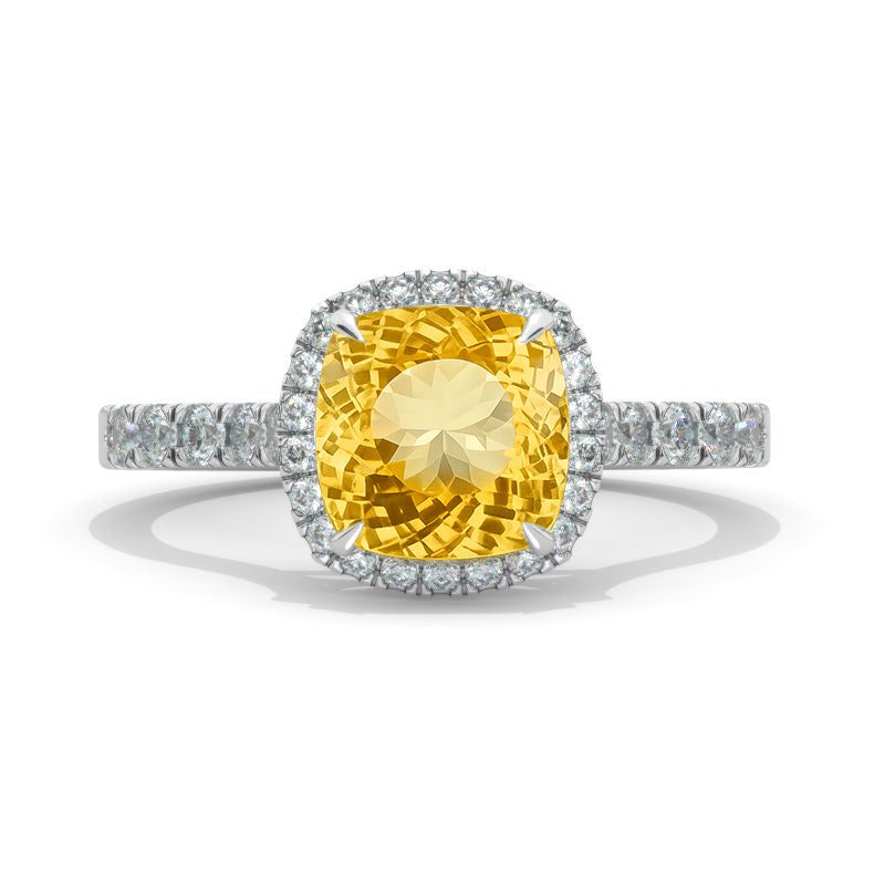 2 Carat Cushion Cut Halo Flower Unique Genuine Yellow Citrine White Gold Engagement Ring Model 1205