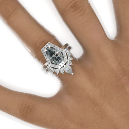 3 Carat Pear Gray Moissanite Halo Engagement Ring. Eternity Ring Set