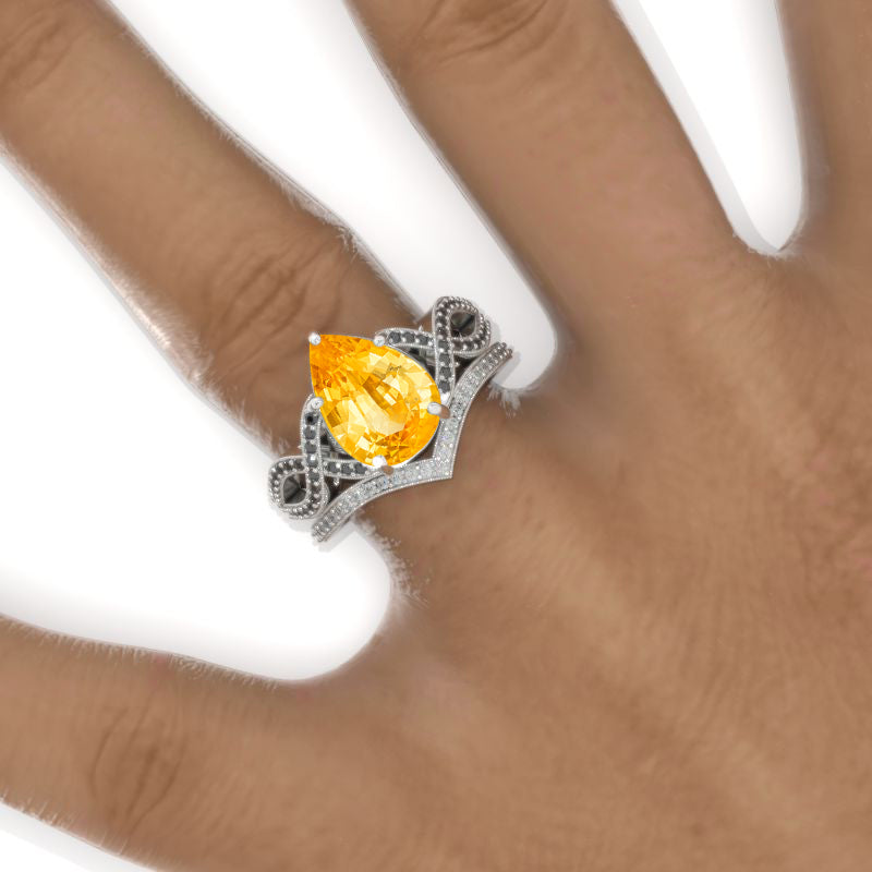 3 Carat Pear Genuine Yellow Citrine Twisted 14K White Gold Engagement Eternity Ring Set Model 970