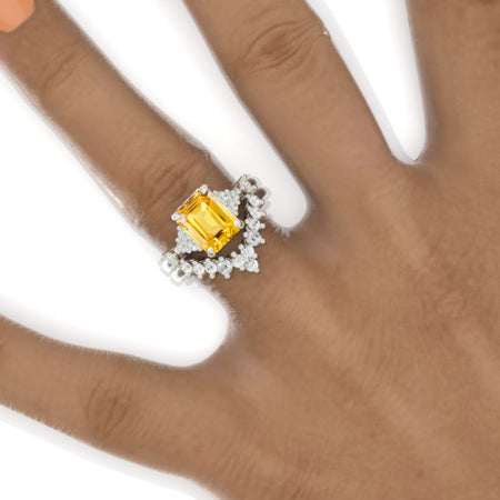 3 Carat Emerald Cut Cluster Yellow Sapphire White Gold Engagement Ring Set Model 861-9x7