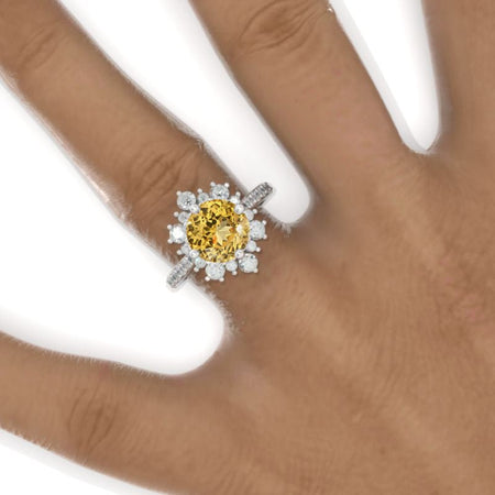 2 Carat Genuine Yellow Citrine Round Snowflake Halo Engagement Ring Victorian 14K White Gold Ring Model 825-8