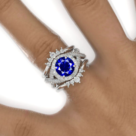 2 Carat Round Royal Blue Sapphire Halo 14K White Gold Twisted Shank Engagement Ring Set