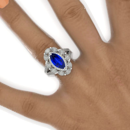 2Ct Marquise Cut Royal Blue Sapphire Vintage Engagement Ring, Marquise  Engagement Ring, Marquise Side Accents Stones 14K White Gold Ring