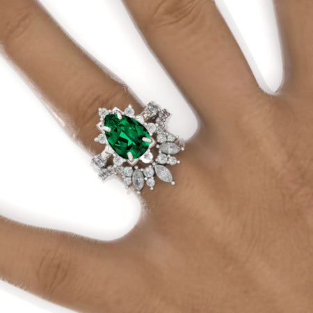 3 Carat Pear Emerald Halo Floral Engagement Ring 14K White Gold Ring Set