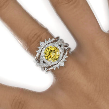 2 Carat Round Yellow Sapphire Halo 14K White Gold Twisted Shank Engagement Ring Set Model 958