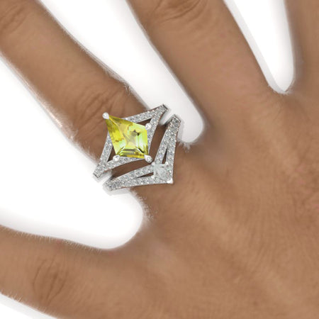 3 Carat Kite Yellow Sapphire Halo 14K White Gold Engagement Ring, V Eternity Ring Set