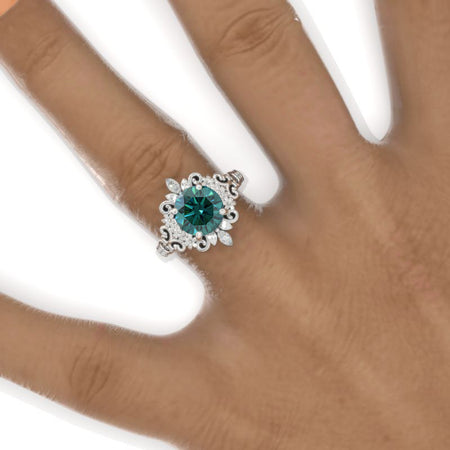 2 Carat Flowers Halo Vintage Style Green Moissanite Engagement Ring 14K White Gold Model 1136