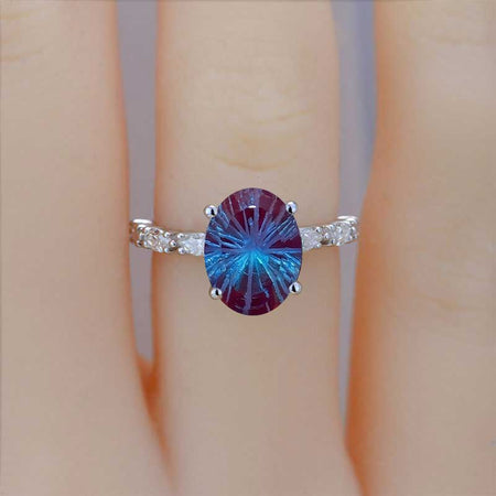 3 Carat Oval Shaped Fireworks Cut Alexandrite White Gold Engagement Ring