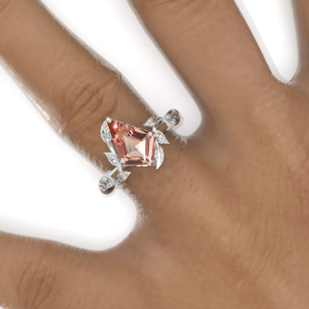 2.5 Carat Kite Peach Sapphire Twig Floral Leaf 14K White Gold Engagement Ring Model 984-12x8