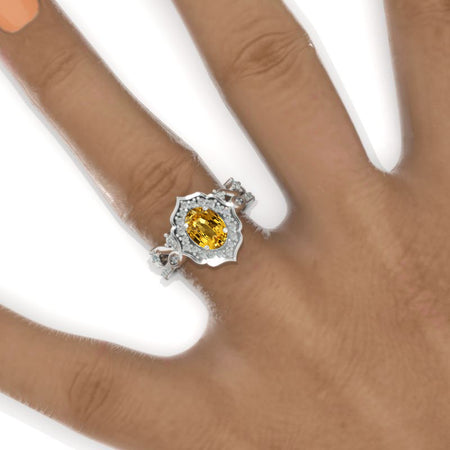 Vintage Oval Shaped Yellow Sapphire Engagement Ring 14K White Gold Flower Rose Gold Ring Set for Women. Vintage Oval Halo Gold Ring Set Model 1037-8x6