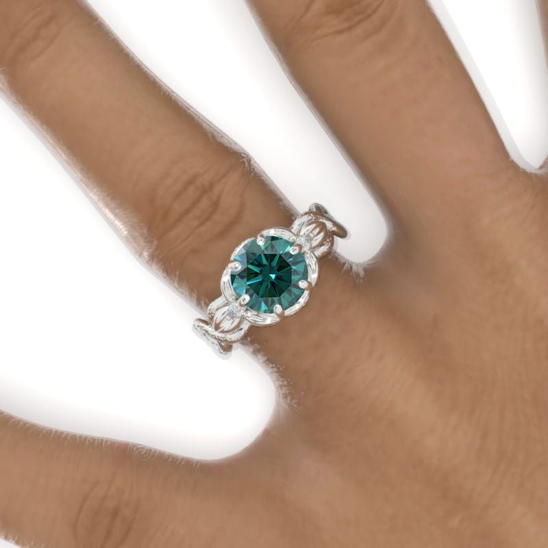 2 Carat Round Green Moissanite Floral Twig Shank Engagement Ring Model-950