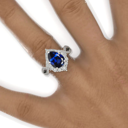 3 Carat Pear Royal Blue Sapphire Twisted 14K White Gold Engagement Eternity Ring Model 970 H2