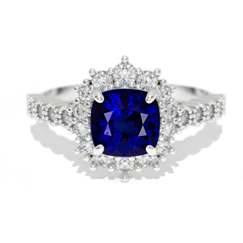 14K White Gold 1.2 Carat Cushion Royal Blue Sapphire Halo Engagement Ring
