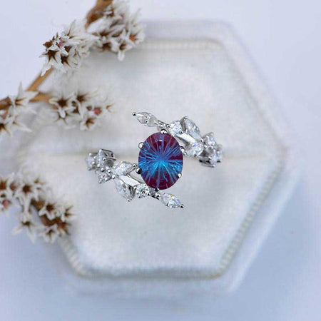 14K White Gold Oval Fireworks Cut Alexandrite Floral Engagement Ring