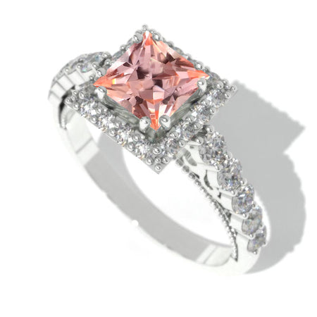 Princess Cut Peach Sapphire Halo Engagement Ring