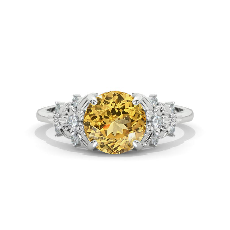 2 Carat Round Genuine Yellow Citrine Floral  Engagement Ring. Victorian 14K White Gold Ring Model 1197-8