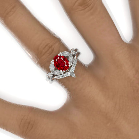 14K White Gold 1.5 Carat Oval Ruby Halo Engagement Ring Eternity Ring Set