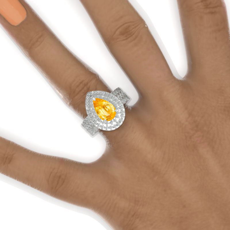 3 Carat Pear Cut Genuine Yellow Citrine Double Diamond Halo Engagement Ring Model 874-11x7