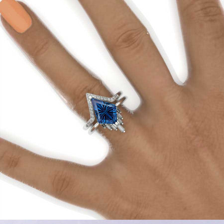 14K Yellow Gold 4 Carat Kite Fantasy Cut Alexandrite Halo Engagement Ring, Eternity Ring Set