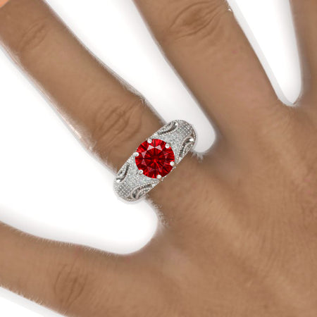 2 Carat Round Ruby Victorian Style Lace Shank Engagement Ring. Victorian 14K White Gold Ring
