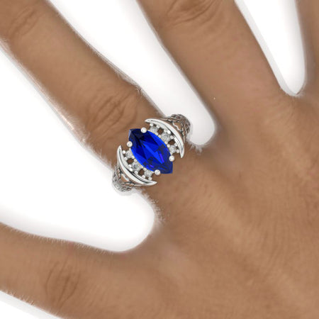 2 Carat Marquise 14K Solid Gold Ring 12x6mm Marquise Royal Blue Sapphire Floral Wedding Ring. Engagement Ring Anniversary Ring, Baguette Side Stones Ring