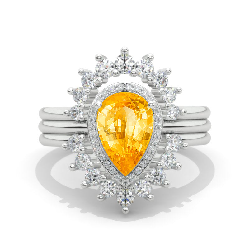 1.5 Carat Pear Halo Genuine Yellow Citrine Engagement 14K White Gold  Ring Eternity Ring Set Model 151-8x5