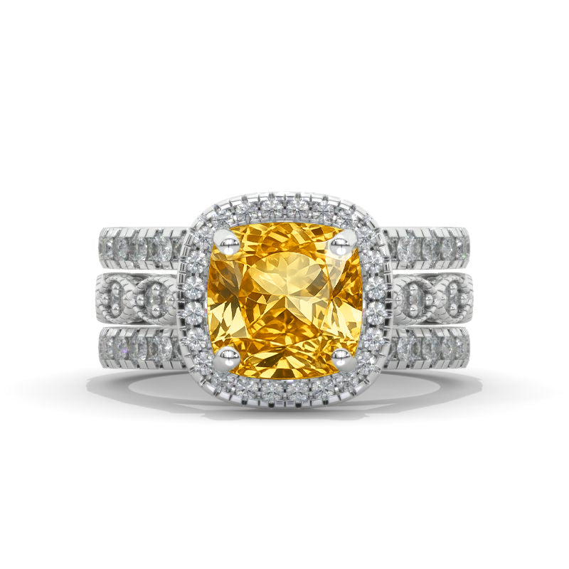 3 Carat Genuine Yellow Citrine Cushion Halo Engagement 14K White Gold Three Ring Eternity Ring Set Model 1027-9x9 Cushion