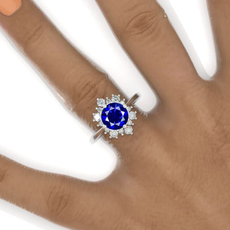 Snowflake Royal Blue Sapphire Ring. 2.0ct Round Cut Royal Blue Sapphire Halo Ring. Solid 14K White Gold Ring. Art Deco Engagement Ring. Wedding Ring