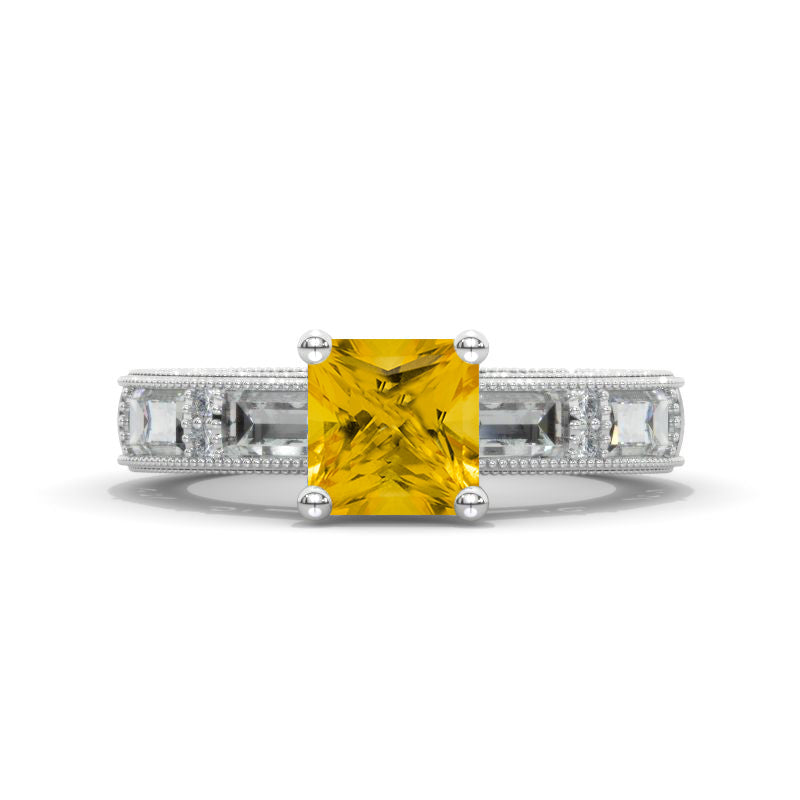 2 Carat Princess Cut Genuine Yellow Citrine White Gold Vintage Style Engagement Ring Model 859-7x7