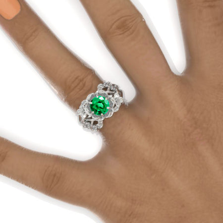 7mm Round Emerald Floral Leaves Style Engagement Ring Model 993-7