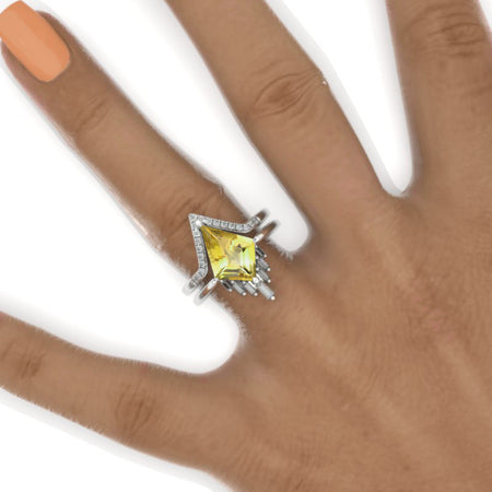 2.5 Carat Kite GenuineYellow Citrine Halo 14K White Gold Engagement Ring, Eternity Ring Set Model 416-12x8
