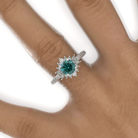14K White Gold 1 Carat Green Moissanite Halo Engagement Ring Model 491