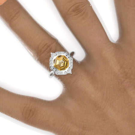 3 Carat Octagon Cut Genuine Yellow Citrine Halo 14K White Gold Engagement Ring Model 930-8