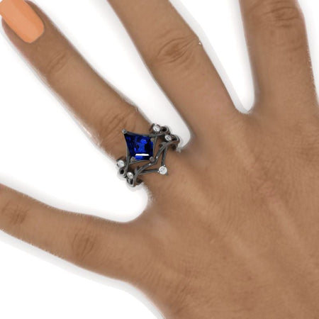 2.5 Carat Kite Royal Blue Sapphire Engagement Ring. 2.5CT Fancy Shield Shape Royal Blue Sapphire Black Gold Ring Model 999-12x8